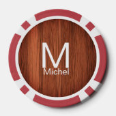 茶色の木のテクスチャラインにモノグラム文字の名前を追加 ポーカーチップ (裏面)