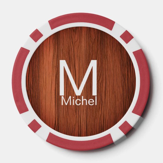 茶色の木のテクスチャラインにモノグラム文字の名前を追加 ポーカーチップ (裏面)