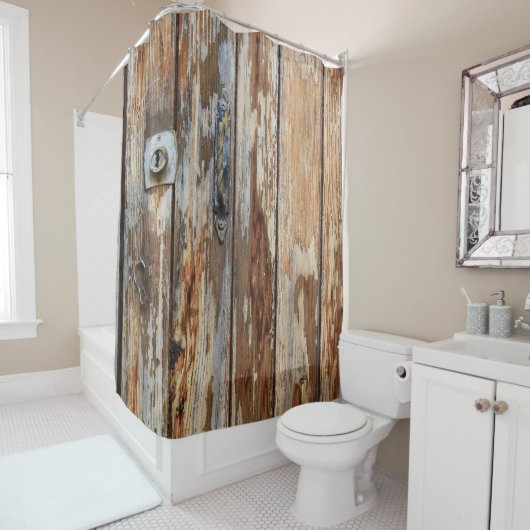 茶色の木の板の写真を閉じる シャワーカーテン (インサイチュ)