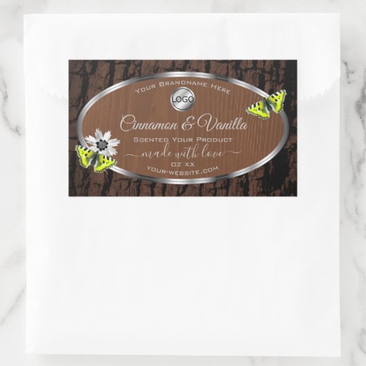 茶色の木の樹皮シルバーフレーム製品ラベルロゴ 長方形シール (バッグ)