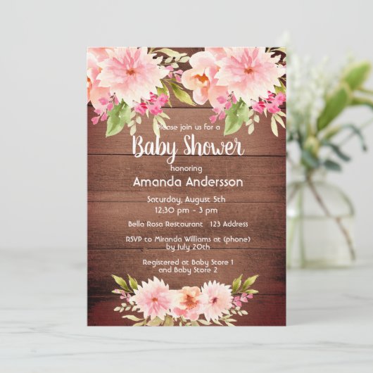茶色の木ピンクの桃の花模様素朴な赤ちゃんシャワー 招待状 (スタンド正面)