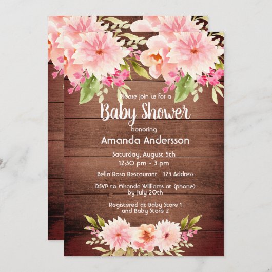 茶色の木ピンクの桃の花模様素朴な赤ちゃんシャワー 招待状 (正面/裏面)