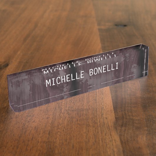 茶色の木材デザイン背景の読み取り可モダン デスクネームプレート (側面)