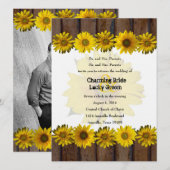 茶色の木目と黄色のひまわり ウェディングフォト招待状 招待状 (正面/裏面)