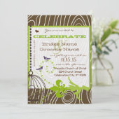 茶色の木目の愛の鳥アップルグリーン 招待状 (スタンド正面)