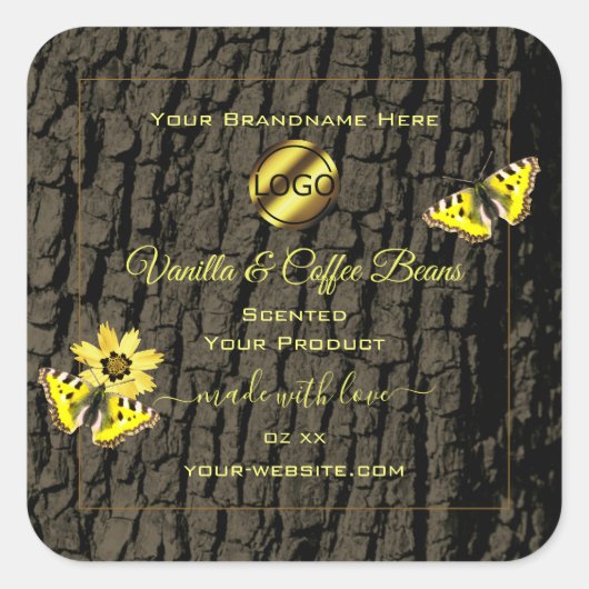 茶色の木目の木の樹皮の製品ラベル追加ロゴ スクエアシール (正面)