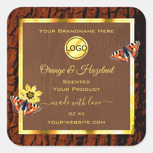 茶色の木目の木の樹皮の製品ラベル追加ロゴ スクエアシール (正面)