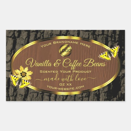 茶色の木目の木の樹皮の製品ラベル追加ロゴ 長方形シール (正面)