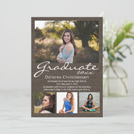 茶色の木目モダン4写真卒業 招待状