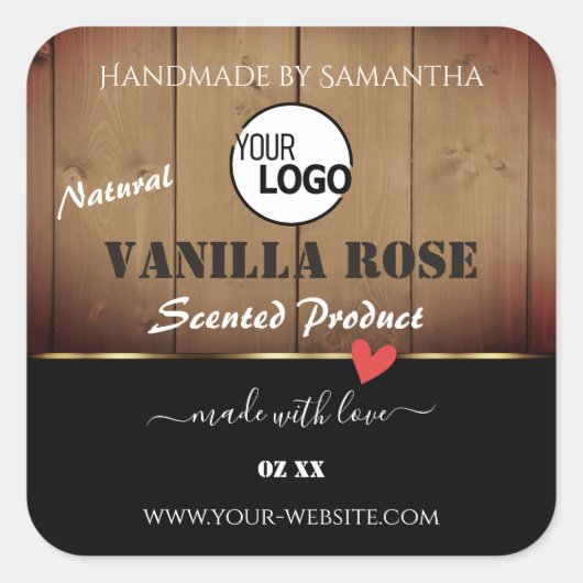 茶色の木目製品の包装ラベルロゴ スクエアシール (正面)