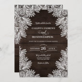 茶色の木素朴のホワイトレースの国の結婚式 招待状 (正面/裏面)