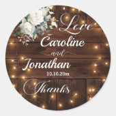 茶色の木素朴の弦ライトホワイトバラ結婚ズ ラウンドシール (正面)