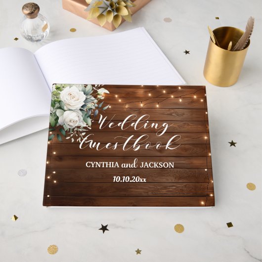 茶色の木素朴の糸ライトフローラ結婚 ゲストブック (正面見開き)