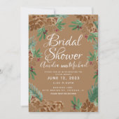 茶色の松ぼっくり 水彩 グリーン ブライダルシャワー 招待状 (正面)