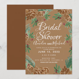 茶色の松ぼっくり 水彩 グリーン ブライダルシャワー 招待状