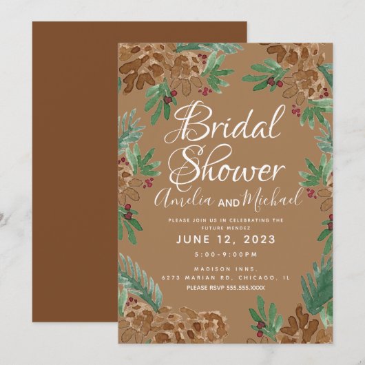 茶色の松ぼっくり 水彩 グリーン ブライダルシャワー 招待状 (正面/裏面)