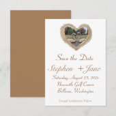 茶色の枠のハートのスワン　結婚式の案内カード セーブザデート (正面/裏面)