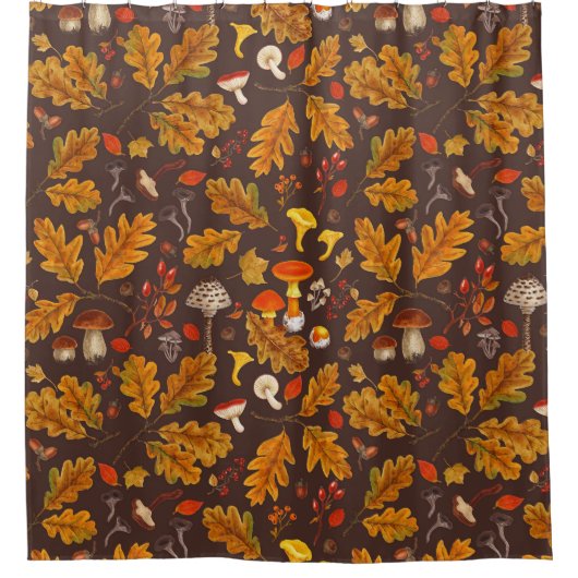 茶色の森のキノコと秋の植物 シャワーカーテン (正面)