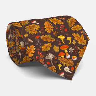 茶色の森のキノコと秋の植物 ネクタイ