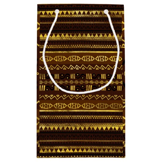 茶色の民族のアフリカの金パターン スモールペーパーバッグ (裏面)