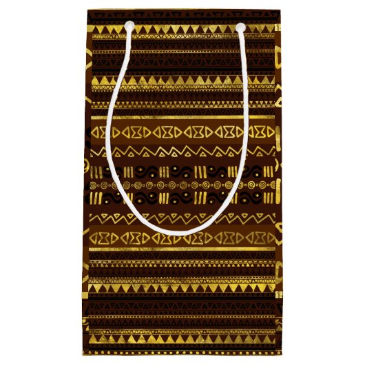 茶色の民族のアフリカの金パターン スモールペーパーバッグ (正面)