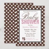 茶色の水玉模様のピンクのベビーシャワー招待状 招待状 (正面/裏面)