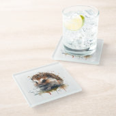 茶色の水色の可愛い小さなハリネズミ ガラスコースター (アングル)