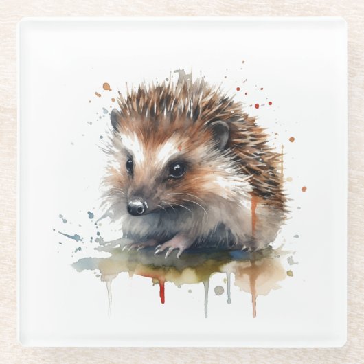 茶色の水色の可愛い小さなハリネズミ ガラスコースター (正面)