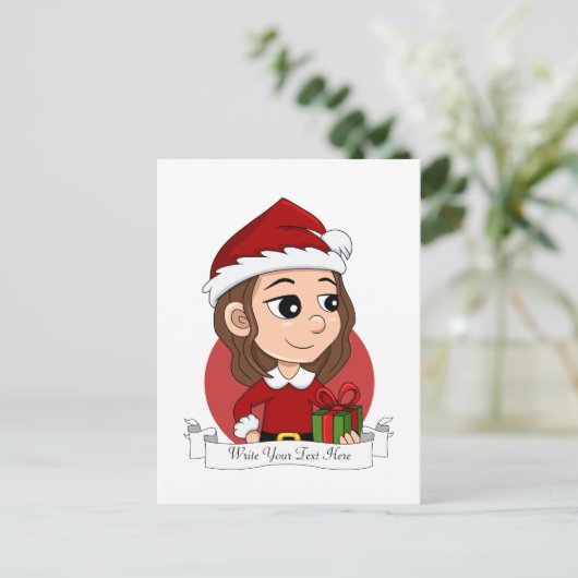 茶色の波毛のクリスマスガール シーズンポストカード (スタンド正面)
