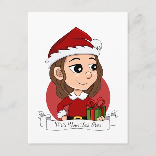 茶色の波毛のクリスマスガール シーズンポストカード (正面)