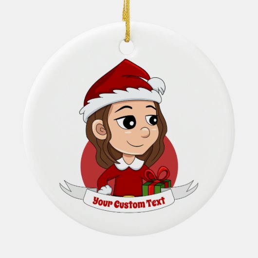 茶色の波毛のクリスマスガール セラミックオーナメント (裏面)