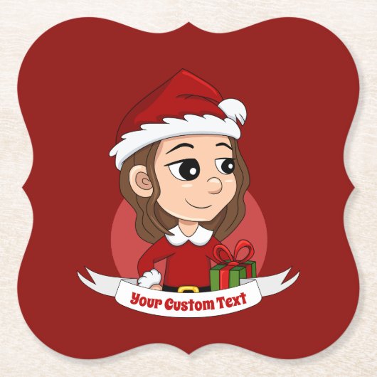 茶色の波毛のクリスマスガール ペーパーコースター (正面)