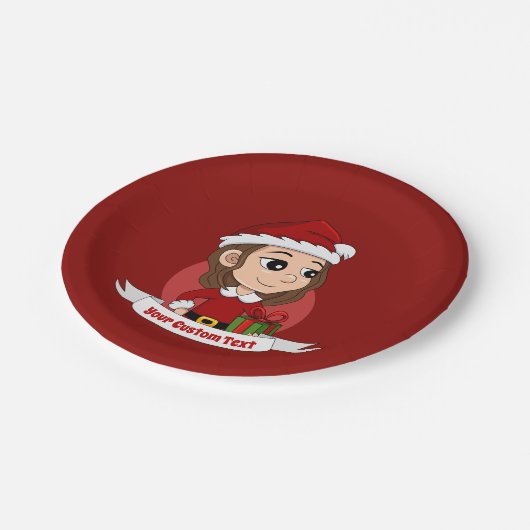 茶色の波毛のクリスマスガール ペーパープレート (アングル)