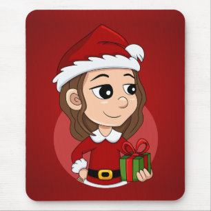 茶色の波毛のクリスマスガール マウスパッド