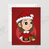 茶色の波髪の休日のポストカ付きクリスマスガール シーズンポストカード (正面/裏面)
