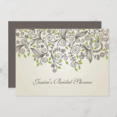 茶色の渦巻きと緑の葉ブライダルシャワー 招待状 (正面/裏面)