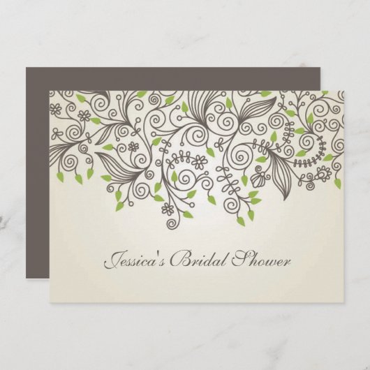 茶色の渦巻きと緑の葉ブライダルシャワー 招待状 (正面/裏面)