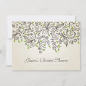 茶色の渦巻きと緑の葉ブライダルシャワー 招待状 (正面)