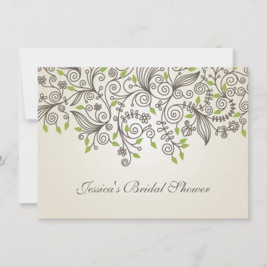茶色の渦巻きと緑の葉ブライダルシャワー 招待状 (正面)