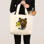 茶色の熊 青い花 羽根 野生動物 ラージトートバッグ (正面(商品))