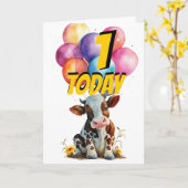 茶色の牛の最初の誕生日バルーンのカード カード (黄色い花)
