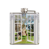 茶色の牛の群れの窓ビュー、クラシックスキットル フラスク (裏面)