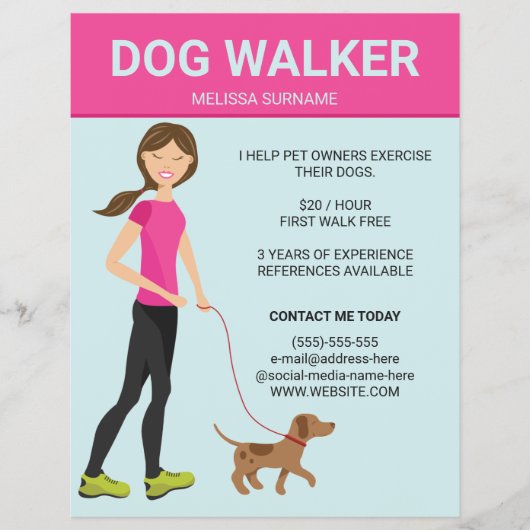 茶色の犬のイラストが入ったドッグウォーカーの女性 チラシ (正面)