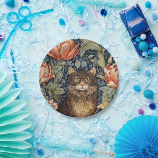 茶色の猫と牡丹の花アールヌーボー ペーパープレート (パーティー)