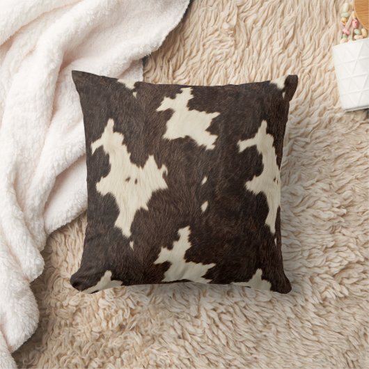 茶色の白い牛フェイクの毛染み肌 クッション (ブランケット)