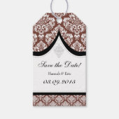 茶色の白のダマスク日付の保存ラベル ギフトタグ (正面)