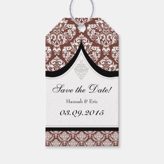 茶色の白のダマスク日付の保存ラベル ギフトタグ (正面)