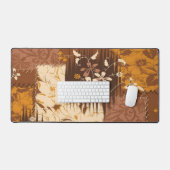 茶色の白黒キューブ花 デスクマット (キーボード&マウス)