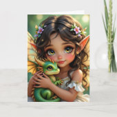 茶色の目のエルフの妖精とドラゴンの誕生日 カード (正面)