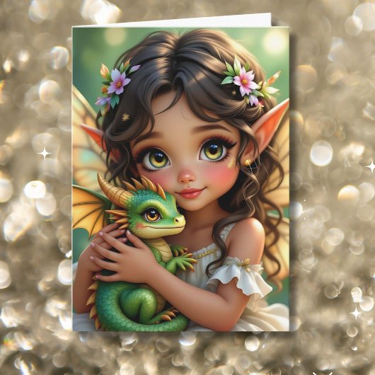 茶色の目のエルフの妖精とドラゴンの誕生日 カード